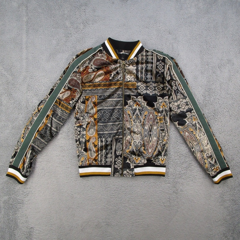 Zara Bomber Jacket Women Medium Multicolor Paisley Patchwork Zip Up Stripe Trim